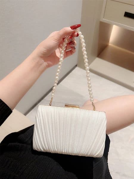 Ladies casual Pleated Satin Box Dinner Bag Faux Pearl Handbag Romantic Wedding Bag Bridal Bag Banquet Bag Evening Bag Prom Bag Chain Bag 250929