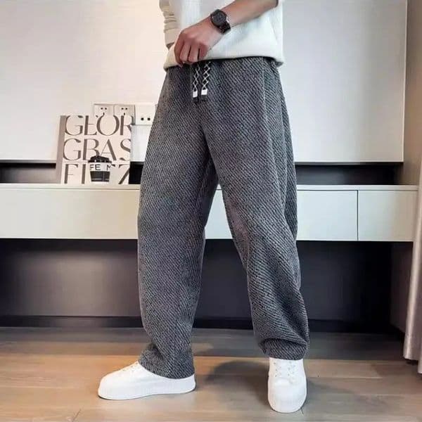 Autumn Winter Loose Mens Sherpa Fabric Straight Pants Man Fashion Thick Pockets Trousers Solid Color Male Clothes 250929