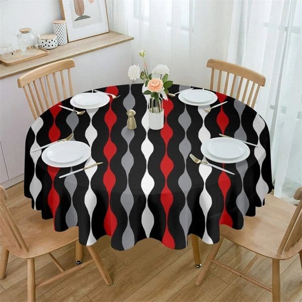 Geometric Stripes Red Black White Round Waterproof Tablecloth Home Decorative Table Cover Party Wedding Dining Room Cloth 241030