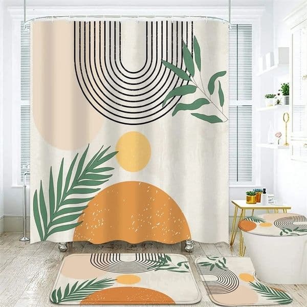 Mid Century Shower Curtain Set Boho with Mat RugAbstract Waterproof Bathroom Retro Orange 250108