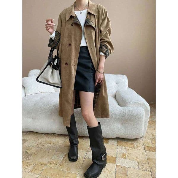 Autumn And Winter Women's Casual Solid Color Lapel Sleeved Double Breasted Double-Sided Long Loose Windbreaker Mdng2510