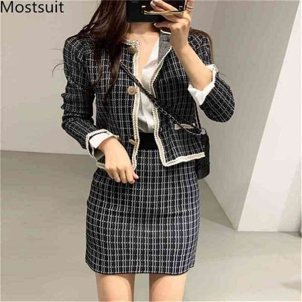 Plaid Knitted 2 Piece Skirt Suits Sets Women Long Sleeve Coat + Mini Pencil Skir Outfits Office Fashion Vintage 2 Pcs 210513