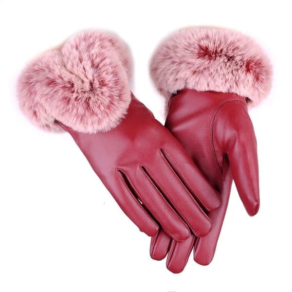 Womens Artificial Leather Gloves Winter Warm Fur Decoration Thick Inner Lining Touch Screen 240906w