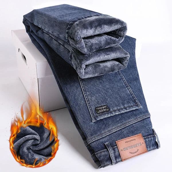 Winter Fleece Thick Warm Jeans Mens Slim Straight Elastic Denim Pants Casual Male Clothing Fashion Plush Trousers 250929BJ