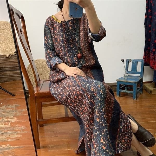 Original upscale dark flower pure ramie gown dress loose long retro linen women's dress spring and summer thin 210303