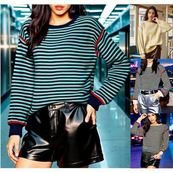 2025 Autumn Winter European and American Knitted Top Striped Round Neck Pullover New Loose Long Sleeve Sweater