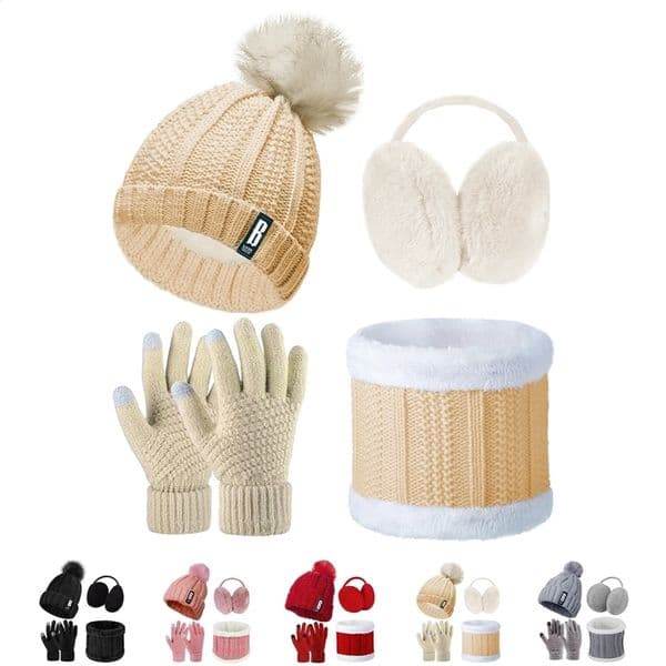 4pcs Knitted Hat Scarf Set Winter Ear Warmers Beanie Touch Screen Gloves Thermal For Outdoor Sports Inside Color Random 241226wtt