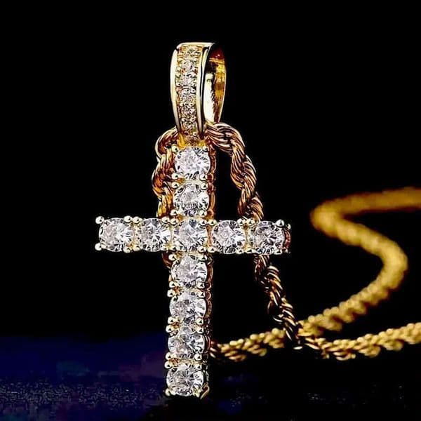 DHcollection Real Gold Plating Hip Hop Brass With One Row Bg Zircon Cross Pendant Necklace