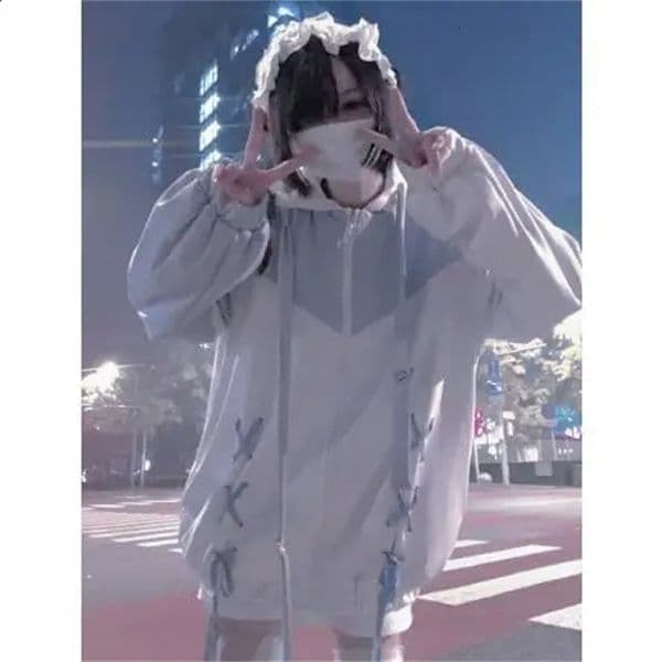 Harajuku Zip Up Hoodie for Women Water Color Causal Fashion Oversized Outwear Bandage Japanese Y2k Tops 240129