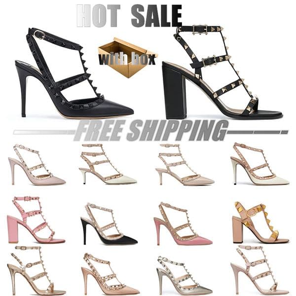 With Box High Heels Sandals Dress Shoes Valentine Shoes Designer Pointed Toe Patent Leather Women Studded Strappy With Stud