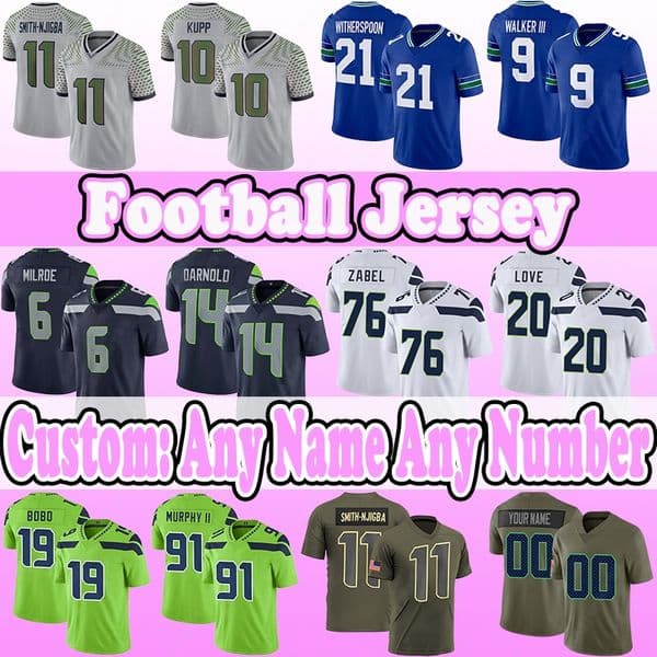 10 Cooper Kupp Football Jerseys 11 Jaxon Smith-Njigba 21 Devon Witherspoon 6 Jalen Milroe 14 Sam Darnold 9 Kenneth Walker III 76 Grey Zabel 19 Jake Bobo 20 Julian Love