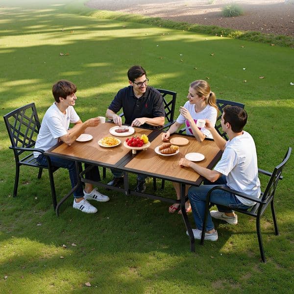 Outdoor Dining Table 59 inch Long Rectangular Wood-Like Steel Slat Backyard Bistro Tables for 4-6 with 1.5 in Umbrella Hole All-Weather Large Furniture for Lawn Garden