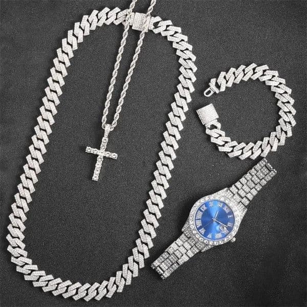 16mm Hip Hop Miami Cuban Link Chain Set NecklaceWatchBracelet Creative Iced Out Shiny Fashion Womens Jewelry 240929wtt
