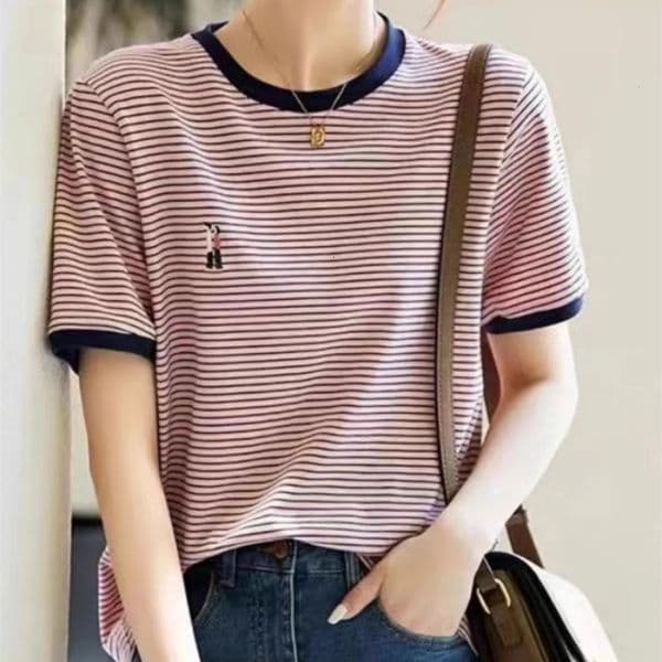 Foreign style with striped embroidery ice silk knitted short sleeve womens summer thin half Tencel Tshirt cotton top 240524