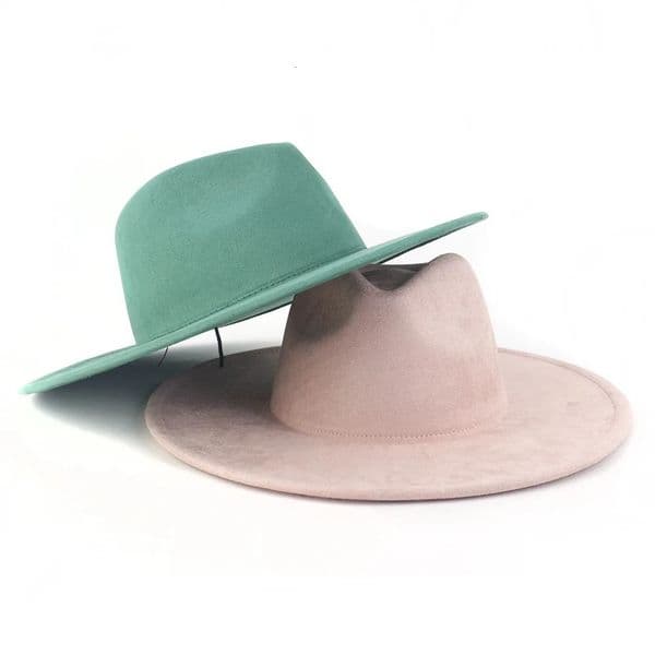 95 CM Big Brim Jazz Fedora Hats Men Suede Fabric Heart Top Felt Cap Women Party Green Fascinator Hats 250930