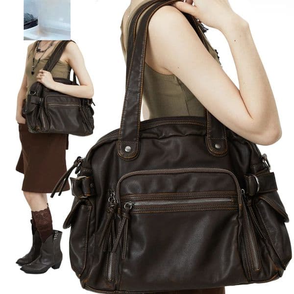 Retro tote bag motorcycle bag soft PU leather large capacity shoulder bag Y2K punk multi pocket crossbody bag 250922BJ