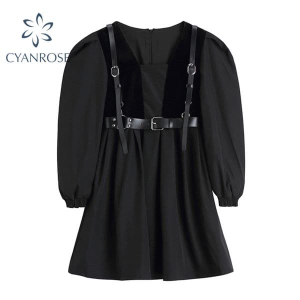 Black Gothic Punk Black Crop Dress Women Long Sleeve Retro Suspenders Belt Mini Frocks Streetwear Square Collar Trendy Lady 210417w