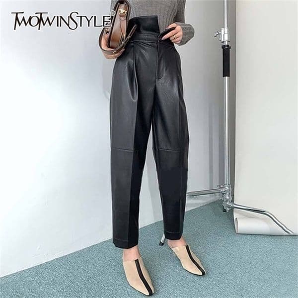 TWOTWINSTYLE PU Leather Harem Pants For Women High Waist Ankle Length Black Casual Trousers Female Fashion New Clothing 201118w