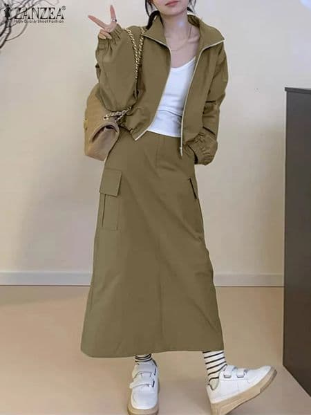 ZANZEA Street Fashion Womens Skirt Sets Long Sleeve Jackets Elastic Waist Long Skirts Work Wear Outfits Casual 2Pieces Suits 250929
