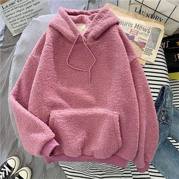 Autumn Winter Women Plush Hoodies Solid Color Oversized Hoodie Pocket Long Sleeve Fluffy Sweatshirt 241126