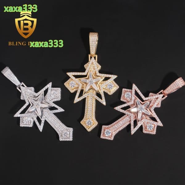 Stylish Luxury Star Design Iced Out Cross Pendant 925 Silver with Moissanite Diamond Hip Hop Pendant