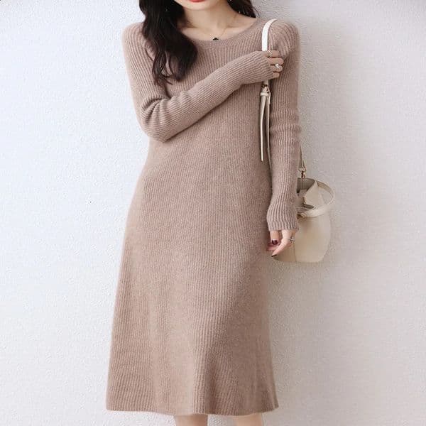 100% pure wool knitted dress womens Oneck ultrathin long sleeved casual high waisted bag Hip Pullover sweater autumn 240902w
