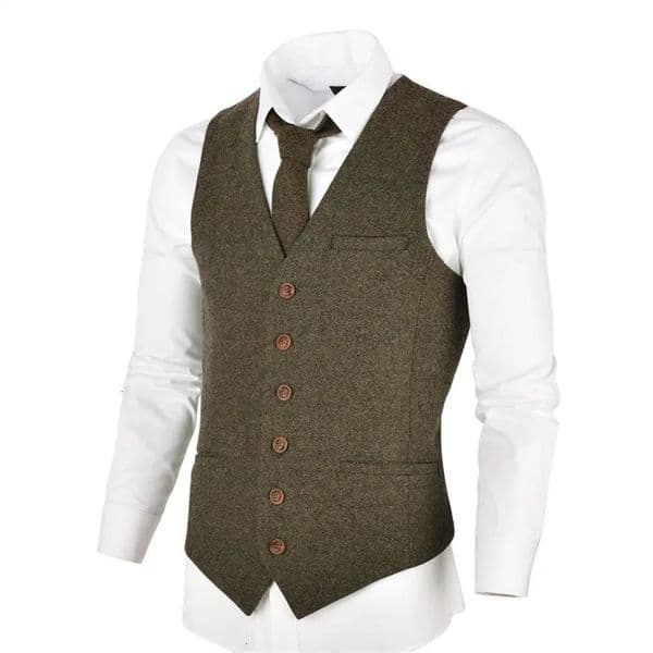 VOBOOM Wool Tweed Mens Waistcoat Singlebreasted Herringbone Slim Fitted Suit Vests 007 241126w