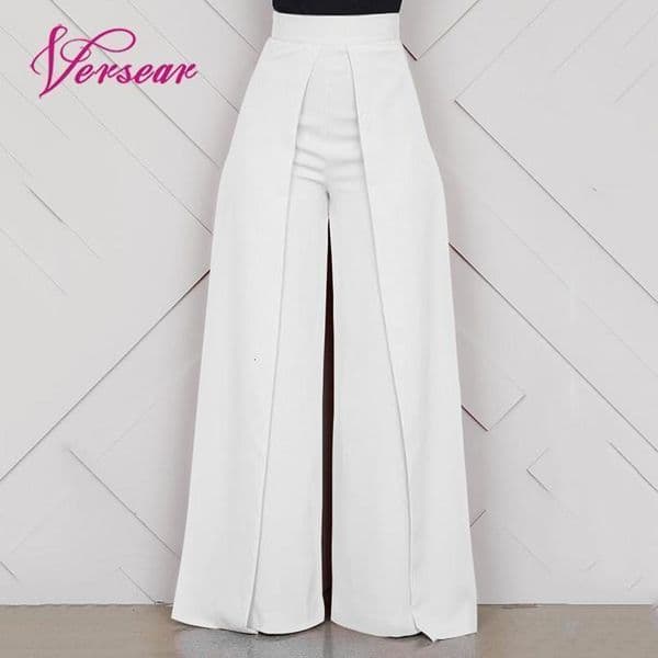 Versear Elegant High Waist Women's Trousers Autumn Fashion White Ladies Office Baggy Zipper Wide Leg Pants pantalon femme 201119w