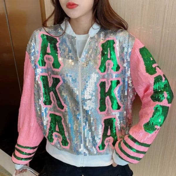 Autumn And Spring Letter Sequin Long Sleeve Round Neck Outerwear Loose Patchwork Color Casual Streetwear Womens Jackets 250208w