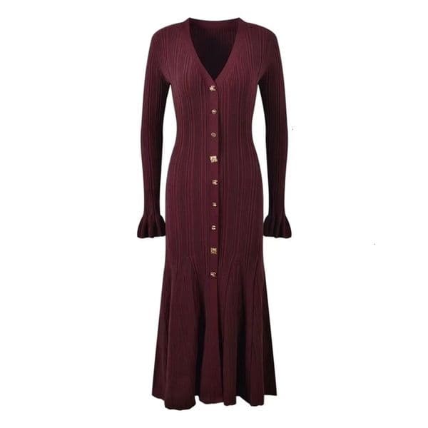 Autumn Winter Women Knitting Casual V Neck Long Sleeve Single Breasted Soft Warm Party Dresses 241104w