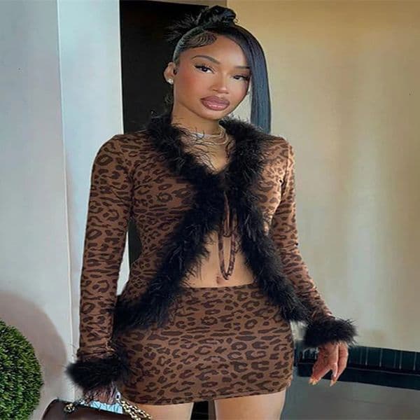 Sexy Leopard Print Womens Two Pieces Set Y2k Full Sleeve Furry Neck Lace Up Cardigan Tops Mini Skirts 2025 Chic Lady Outfits 241214w
