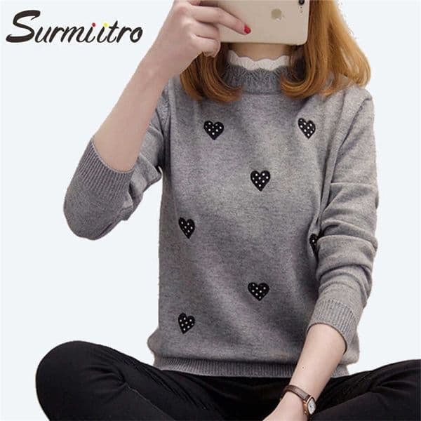 SURMIITRO Heart Embroidery Winter Sweater Women For Autumn Korean Knitted Jumper Ladies Pullover Female Knitwear 210712wtt
