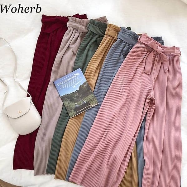 Woherb Korean Autumn Wide Leg Pants Women Casual High Waist with Bow Belt New Pleated Pant Trousers Femme 21057 201119w