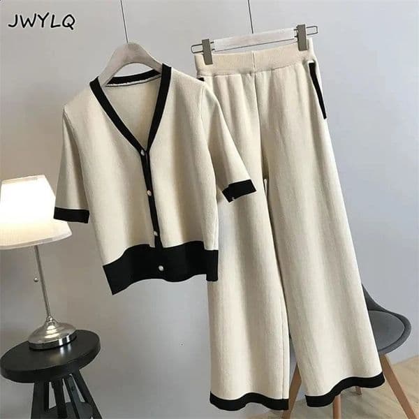 Womens Two Piece Pants Plus size 5XL thin twopiece knit set with Vneck cardigan half sleeved sweaterhigh waisted wide leg pants for women 231214wtt