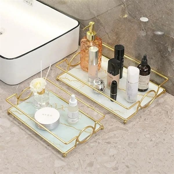 gold-plated rectangular bathroom tray cosmetics storage rack living room decoration desktop Sundries food storage tray 241216