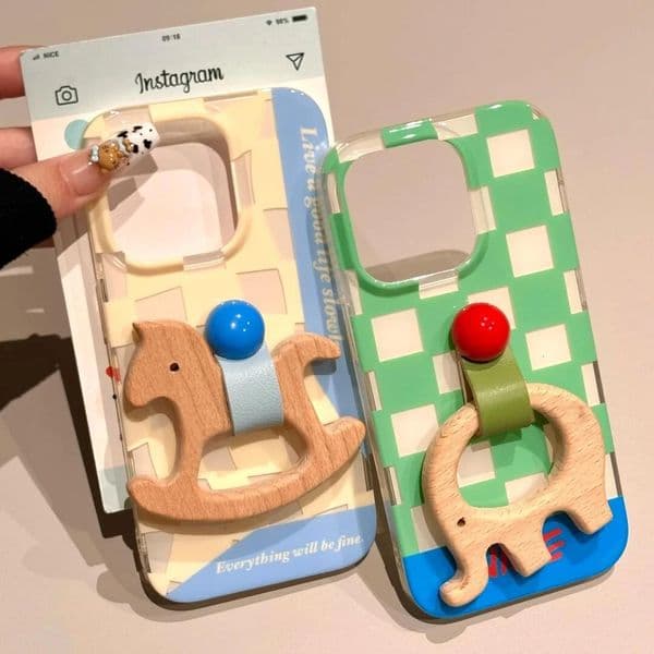 for iPhone 17 Pro Cover Protective Anti Slip Wooden Plaid Trojan Elephant Grip Cute Design Leather Touch Shockproof Case for iPhone Phone Case