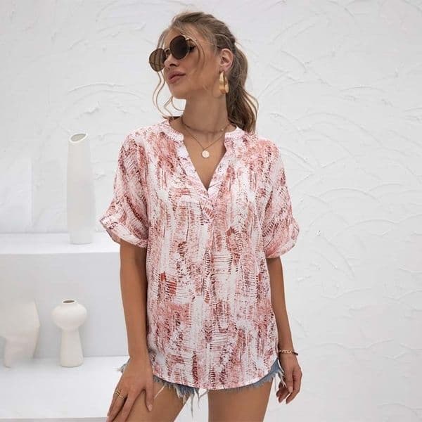 Women Chiffon T Shirt V Neck Tie Dye Short Sleeve Tops Female Casual Loose Pullover Streetwear Summer Tee Shirts 210608wtt