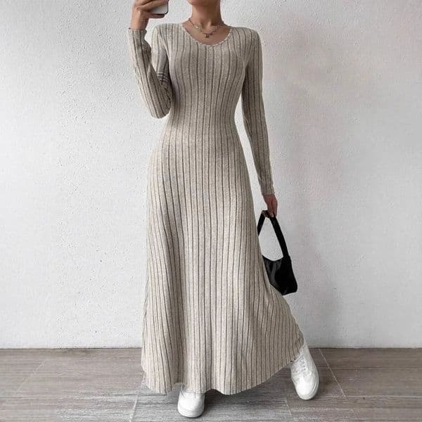 Fashionable Knitted Long Sleeve A Line Streetwear Dress For Women Smooths And Slims Your Silhouette Solid Color Long Dress 250923BJ