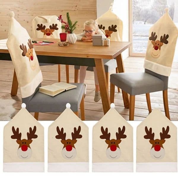 1PC Beige Christmas reindeer embroidered chair cover Christmas Home Decor Dinner Chair Xmas Cap Gifts Party Supplies 250930