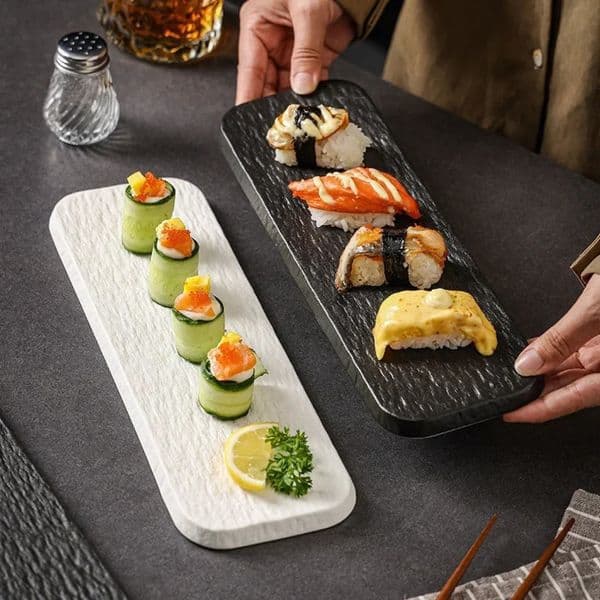 Black and White Rock Pattern Ceramic Rectangular Plate Japanese Sushi Sashimi Tableware Long Dinner 241108