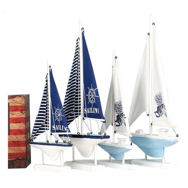 Home Decor Wood White Sailboat Figurines Mediterrean Style Wooden Stripe Ship Home Office Desktop Miniature Marine Sailing Boats 210811