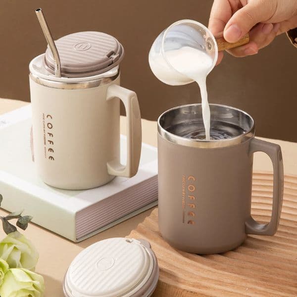 WORTHBUY Doublelayer Coffee Cup With SpoonStraw Milk Coffee Mug Portable Insulated Anti Scalding 304 Stainless Steel Water Cup 250929BJ