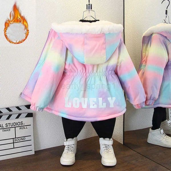 2025 Autumn Winter Baby Girl Hooded Jackets New Kids Fashion Tie Dye Letter Print Waist Jacket Children Velvet Thicken Outerwear T251007