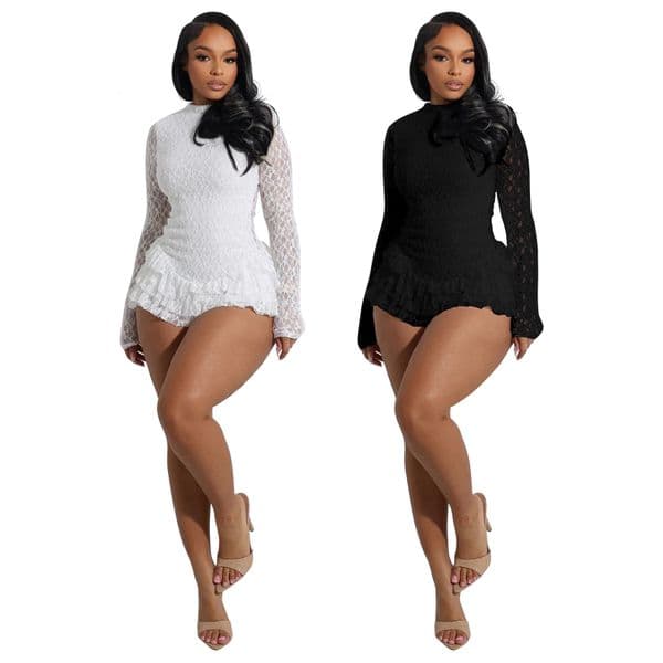 10836 Russian Women's Lace Long Sleeve Ruffle Backless Jumpsuit - Sexy Shorts Romper