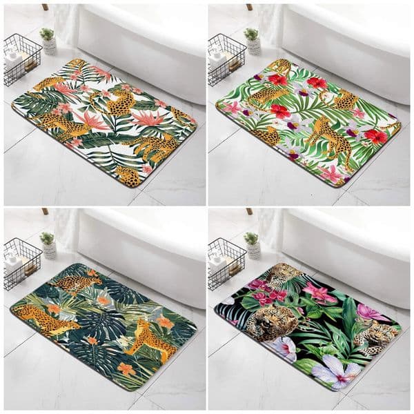 Tropical Leaves Leopard Bath Mats Wild Animals Floral Green Plant Monstera Palm Leaf Carpet Room Doormat Home Bathroom Decor Rug 240603
