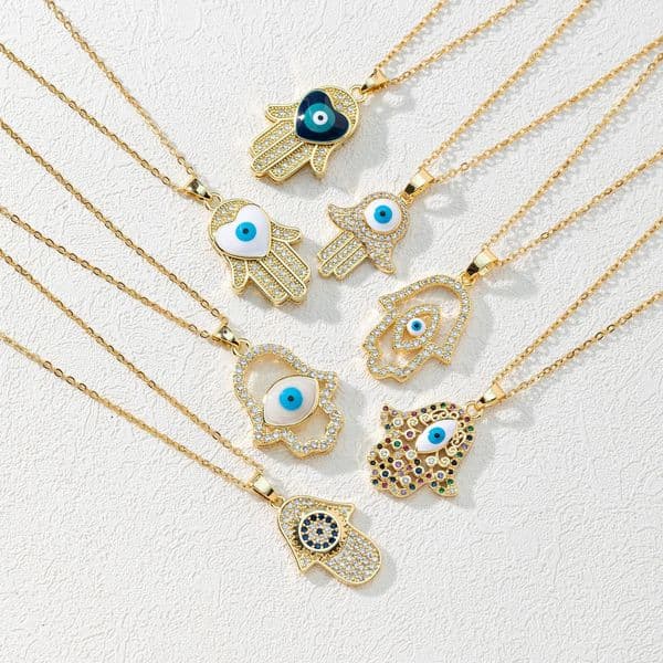 Fashion Trend New Copper Zircon Demon Eye Palm Necklace Pendant Micro Inlay Electroplated Real Gold Sweater Chain
