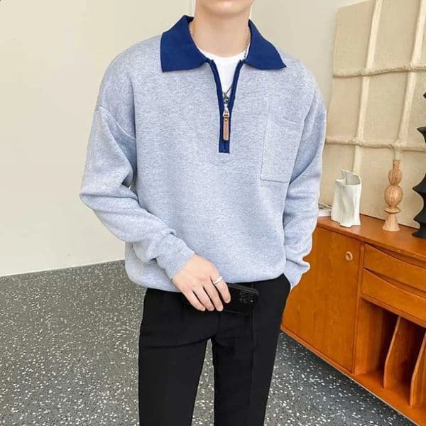 Knit Polo T Shirt for Men Streetwear Aesthetic Xxl Regular Fit Cotton Pullovers Casual Elasticity Xl Man Sweatshirt with Zipper 250922