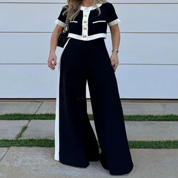 Fashion twopiece womens round neck short sleeved patch work order chest top loose wide leg pants set for summer 240810wtt