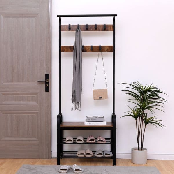 Coat Rack Hall Tree with Shoe Bench for Entryway Entryway Bench with Coat Rack 4-in-1 with 9 Removable Hooks a Hanging Rod 13.8 x 25.2 x 72.8 Inches Rustic Brown and Black