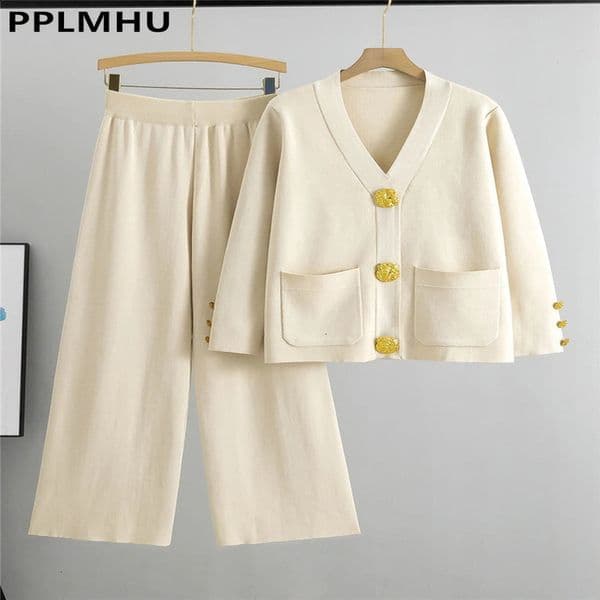 Autumn and Winter Womens Knitted Sweater Set with Large Gold Button Vneck Open Back Coat Waist Loose Pants 240810wtt